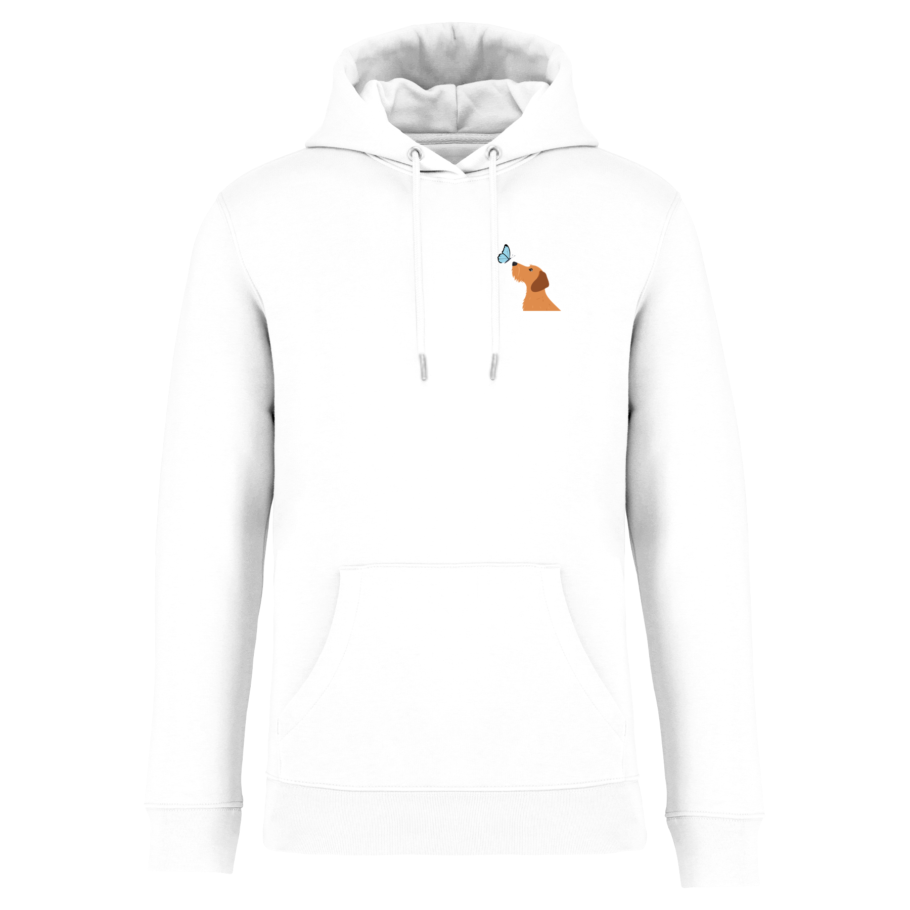 Weißer Hoodie mit Dackel-Motiv und Schmetterling, nachhaltig – einzigartigbunt