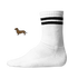 Weiße Tennissocken mit zwei Schwarzen Streifen aus Bio-Baumwolle mit einem seitlich aufgedruckten Dackel-Motiv im wilden Leo-Look von einzigartigbunt.
