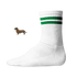 Weiße Tennissocken mit zwei grünen Streifen aus Bio-Baumwolle mit einem seitlich aufgedruckten Dackel-Motiv im wilden Leo-Look von einzigartigbunt
