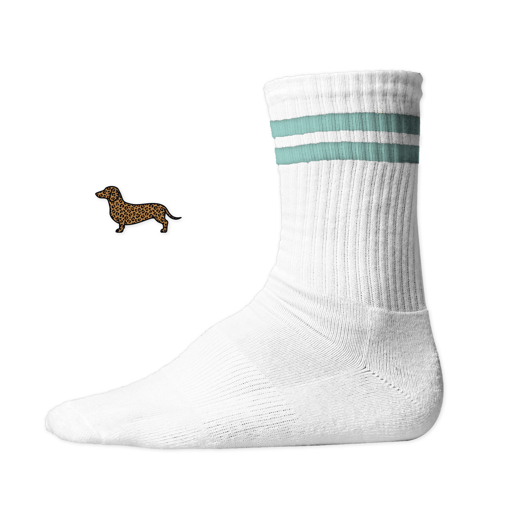 Weiße Tennissocken mit zwei Mint Streifen aus Bio-Baumwolle mit einem seitlich aufgedruckten Dackel-Motiv im wilden Leo-Look von einzigartigbunt.