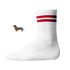 Weiße Tennissocken mit roten Streifen aus Bio-Baumwolle mit einem seitlich aufgedruckten Dackel-Motiv im wilden Leo-Look von einzigartigbunt.