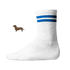 Weiße Tennissocken mit zwei blauen Streifen aus Bio-Baumwolle mit einem seitlich aufgedruckten Dackel-Motiv im wilden Leo-Look von einzigartigbunt.