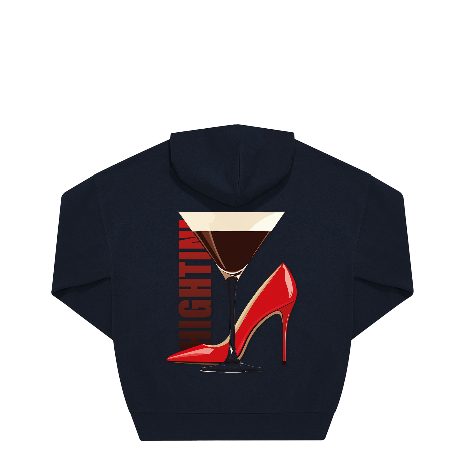 Navy Hoodie mit roter High Heel &amp; Martini-Glas Motiv, nachhaltig – einzigartigbunt