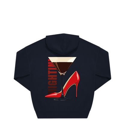 Navy Hoodie mit roter High Heel &amp; Martini-Glas Motiv, nachhaltig – einzigartigbunt