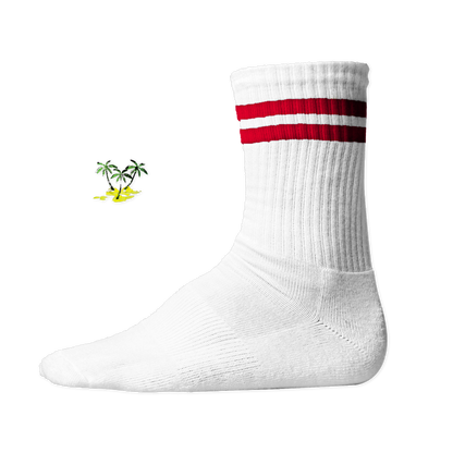 Weiße, gerippte Tennis Socke mit einem sommerlichen Palmen- und Strand-Druckmotiv auf der Schaftseite. Red Stripes