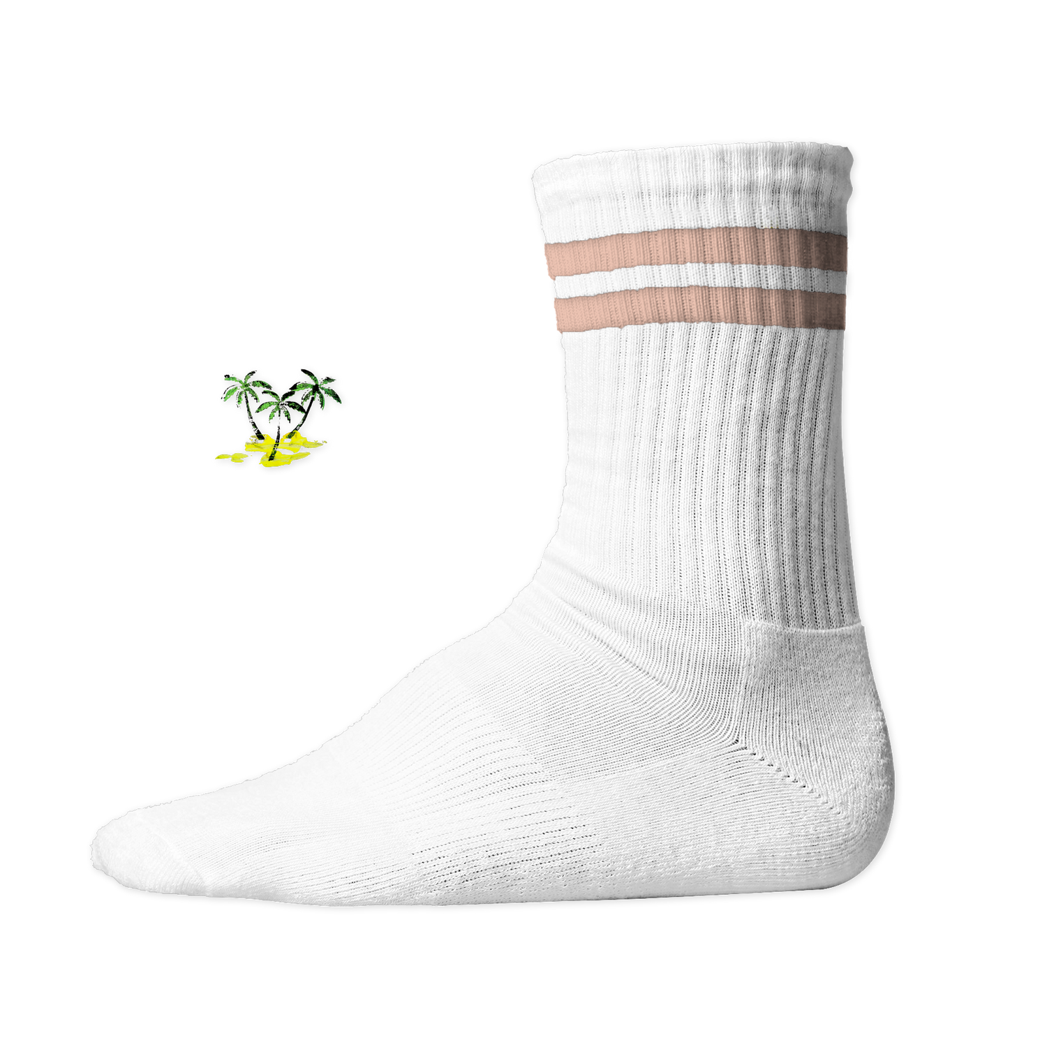 Weiße, gerippte Tennis Socke mit einem sommerlichen Palmen- und Strand-Druckmotiv auf der Schaftseite. Peach Stripes
