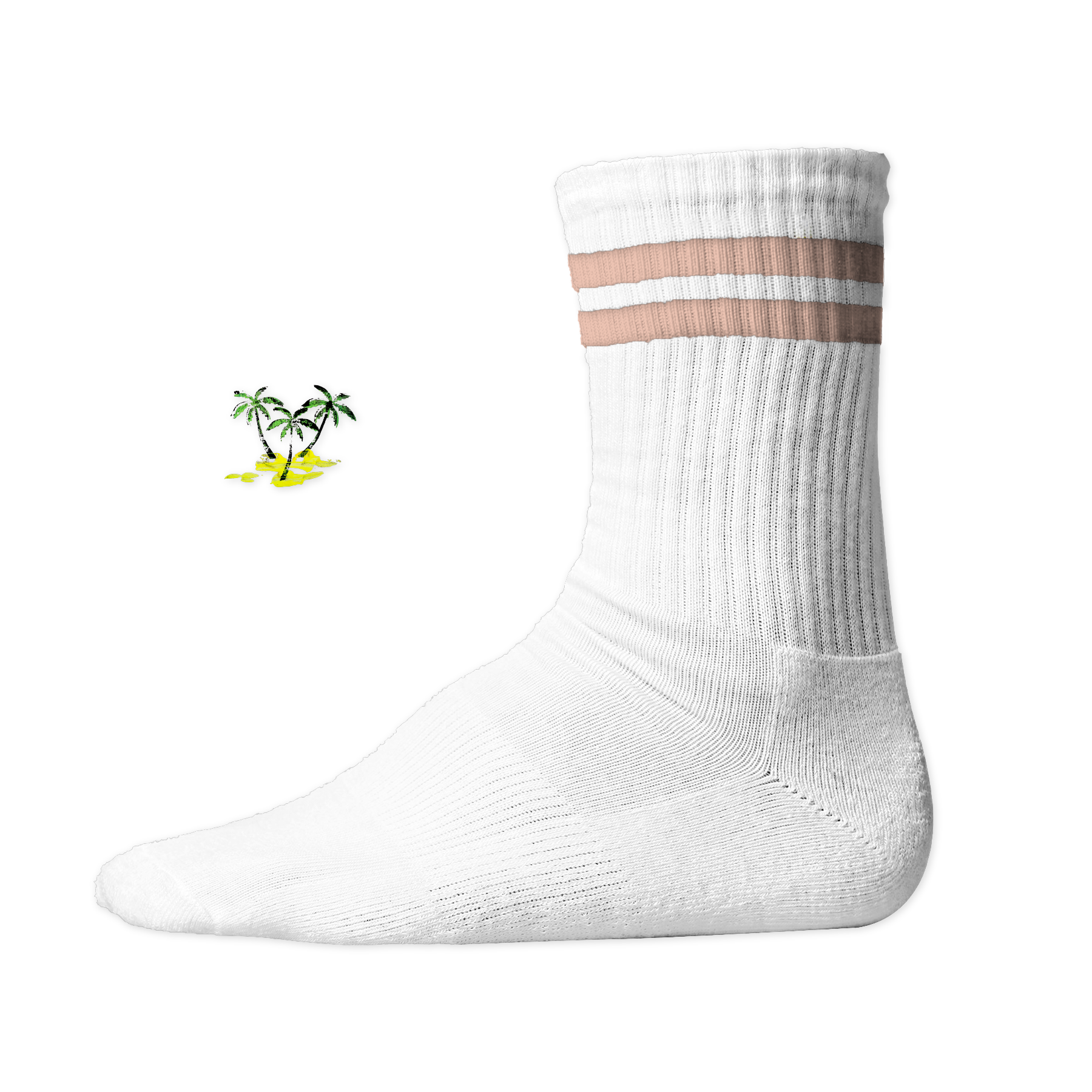 Weiße, gerippte Tennis Socke mit einem sommerlichen Palmen- und Strand-Druckmotiv auf der Schaftseite. Peach Stripes