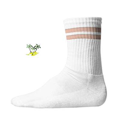 Weiße, gerippte Tennis Socke mit einem sommerlichen Palmen- und Strand-Druckmotiv auf der Schaftseite. Peach Stripes