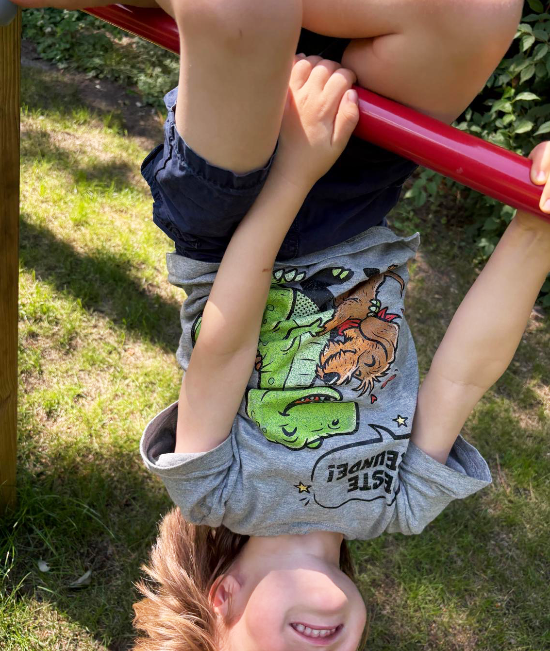 Kind hängt kopfüber am Spielplatz, trägt graues Dinosaurier-Shirt mit lustigem Motiv – einzigartigbunt