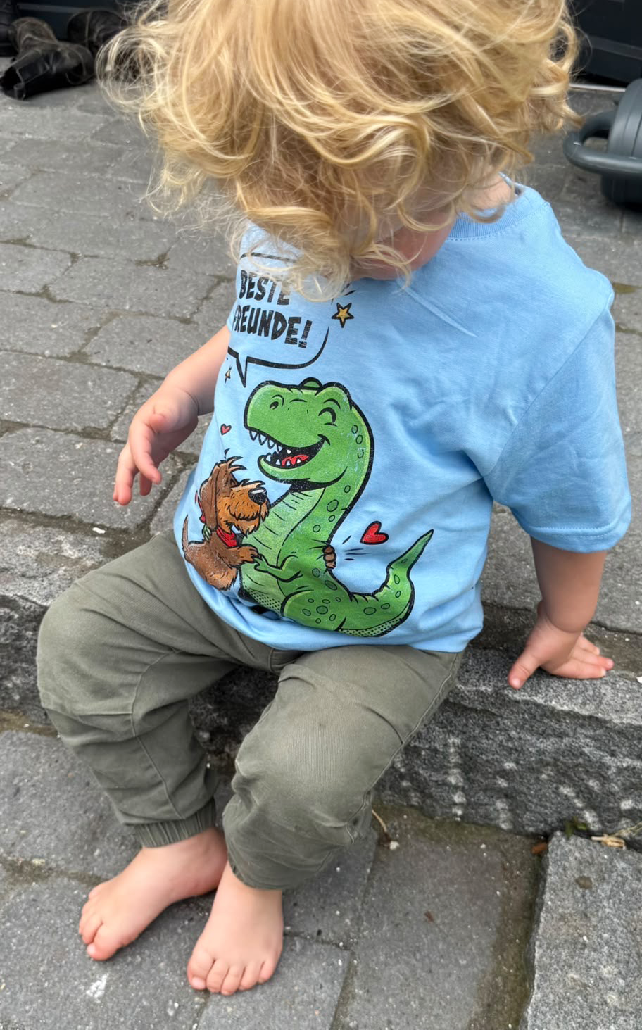 Blau T-Shirt mit Dinosaurier und Hund Motiv, &