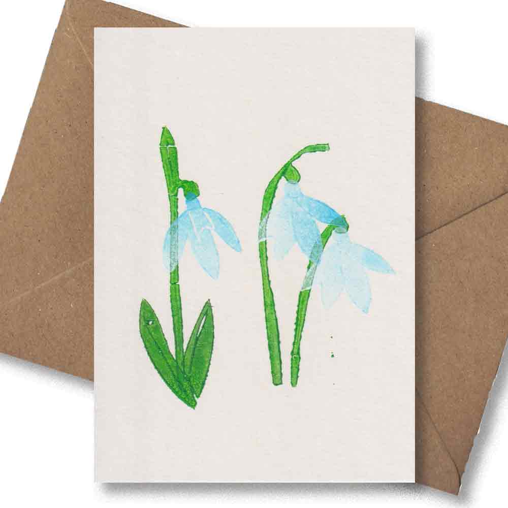 Handgedruckte Postkarte I Blumen Schneeglöckchen