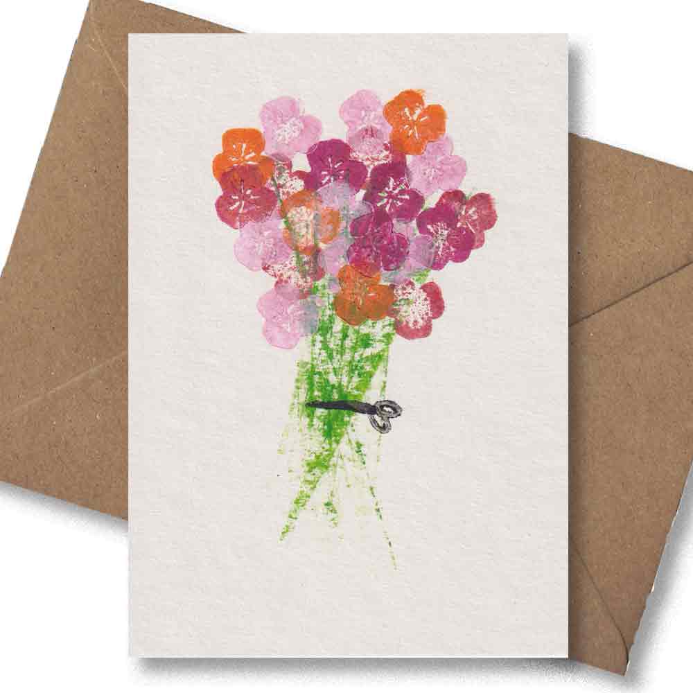 Handgedruckte Postkarte I Blumenstrauss Bunt