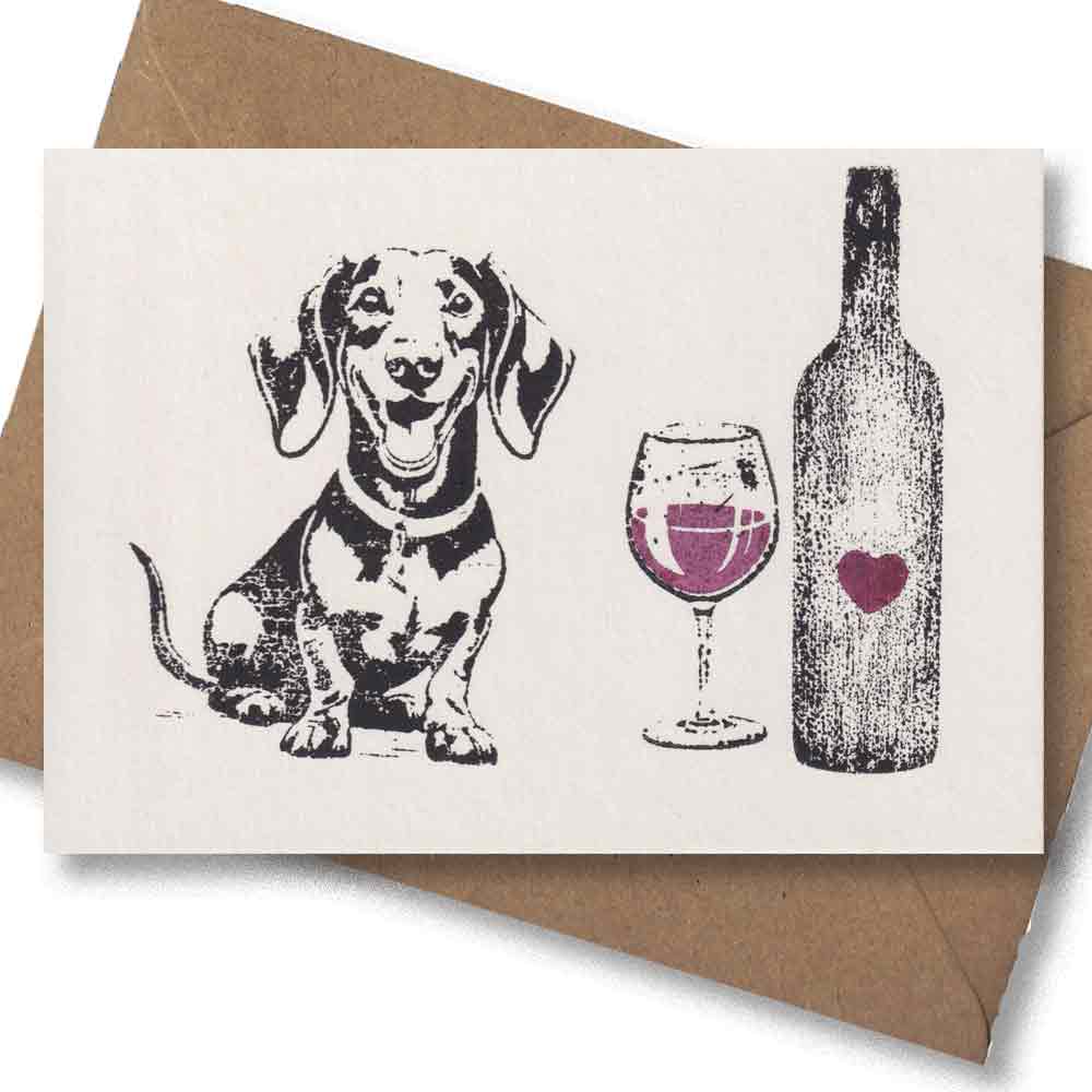 Handgedruckte Postkarte I Dackel Wein