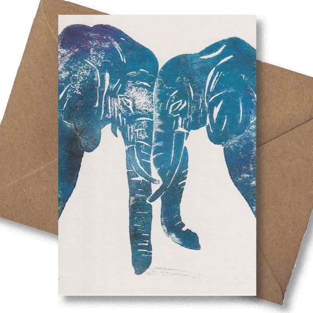 Handgedruckte Postkarte I Elephanten zusammen