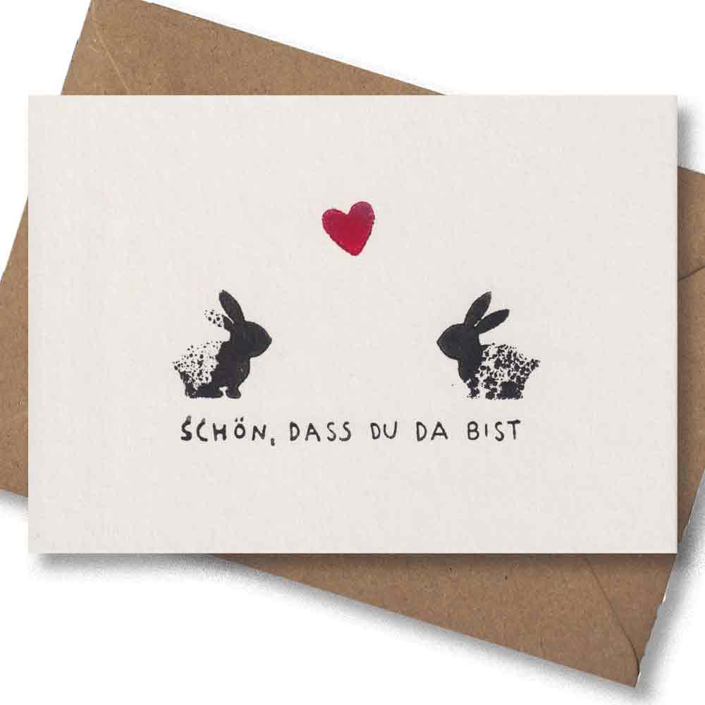 Handgedruckte Postkarte I Zweisam I Zwei Hasen Herz