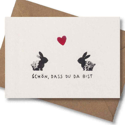 Handgedruckte Postkarte I Zweisam I Zwei Hasen Herz