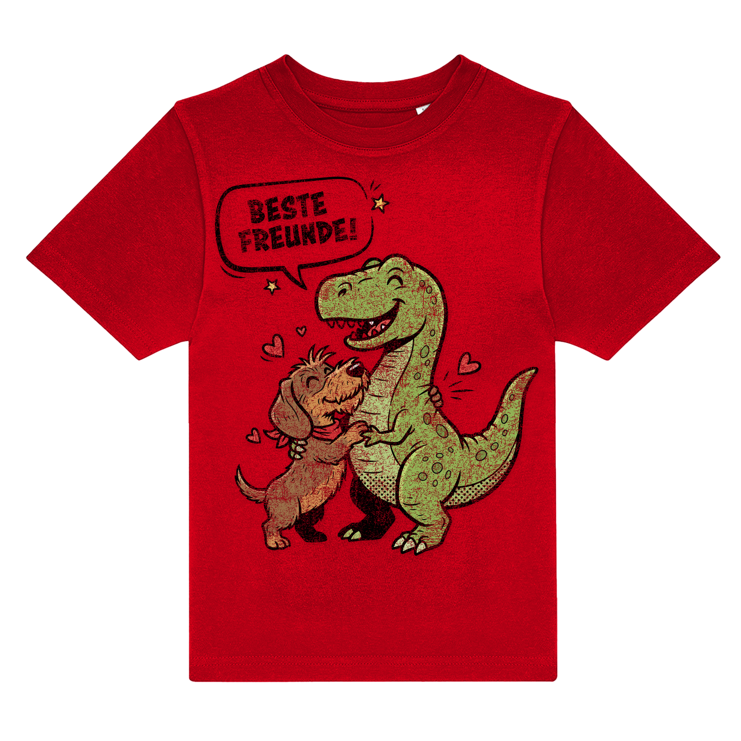 Rotes Kinder-T-Shirt mit Dackel und Dino Motiv, „Beste Freunde!“ Spruch, nachhaltig – einzigartigbunt