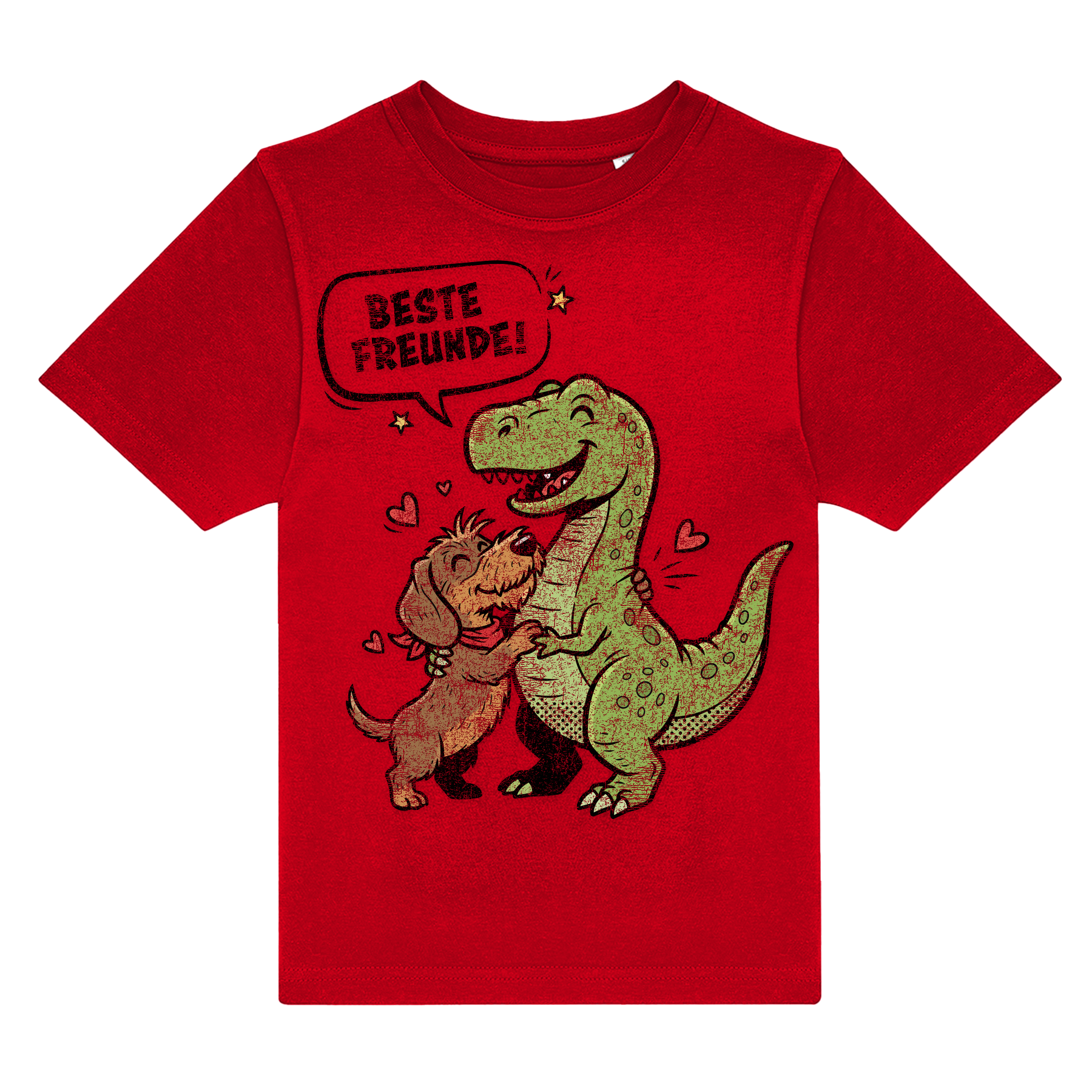 Rotes Kinder-T-Shirt mit Dackel und Dino Motiv, „Beste Freunde!“ Spruch, nachhaltig – einzigartigbunt
