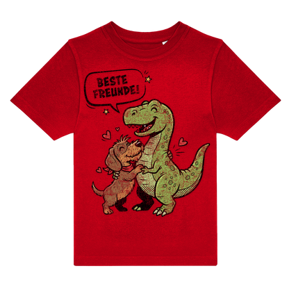 Rotes Kinder-T-Shirt mit Dackel und Dino Motiv, „Beste Freunde!“ Spruch, nachhaltig – einzigartigbunt