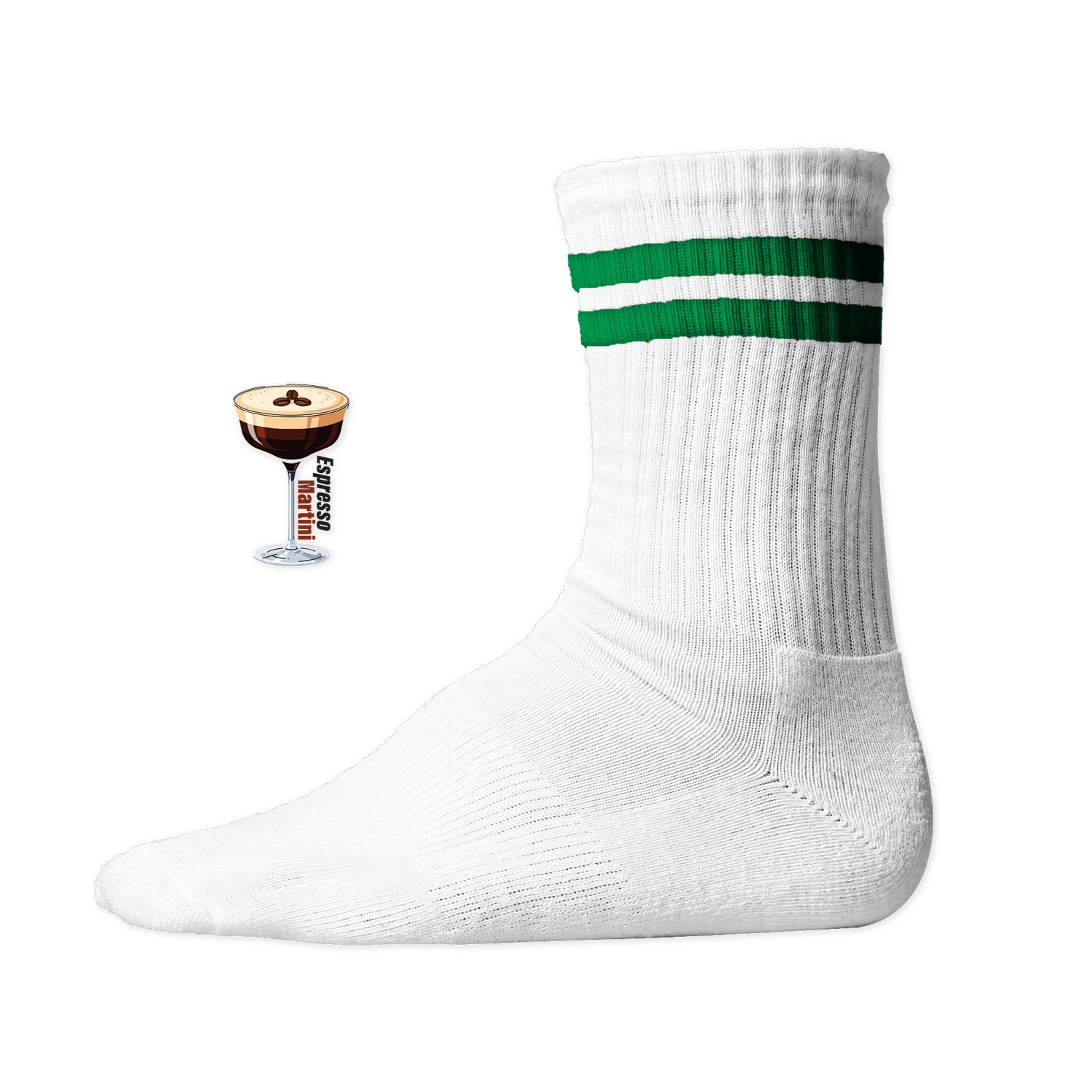 Weiße Tennis Socke mit einem gestickten Espresso Martini Glas und Text auf der Schaftseite. Green Stripes