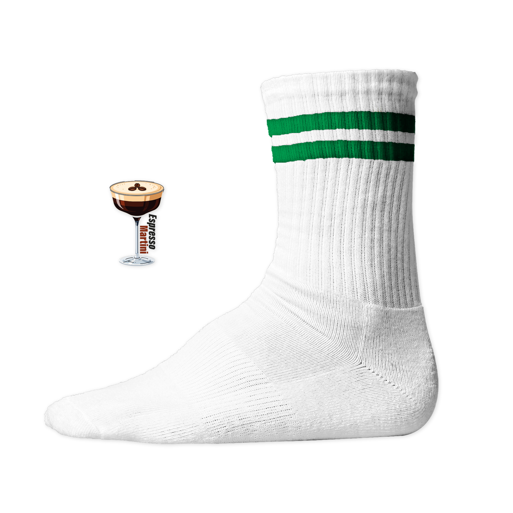 Weiße Tennis Socke mit einem gestickten Espresso Martini Glas und Text auf der Schaftseite. Green Stripes
