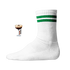 Weiße Tennis Socke mit einem gestickten Espresso Martini Glas und Text auf der Schaftseite. Green Stripes