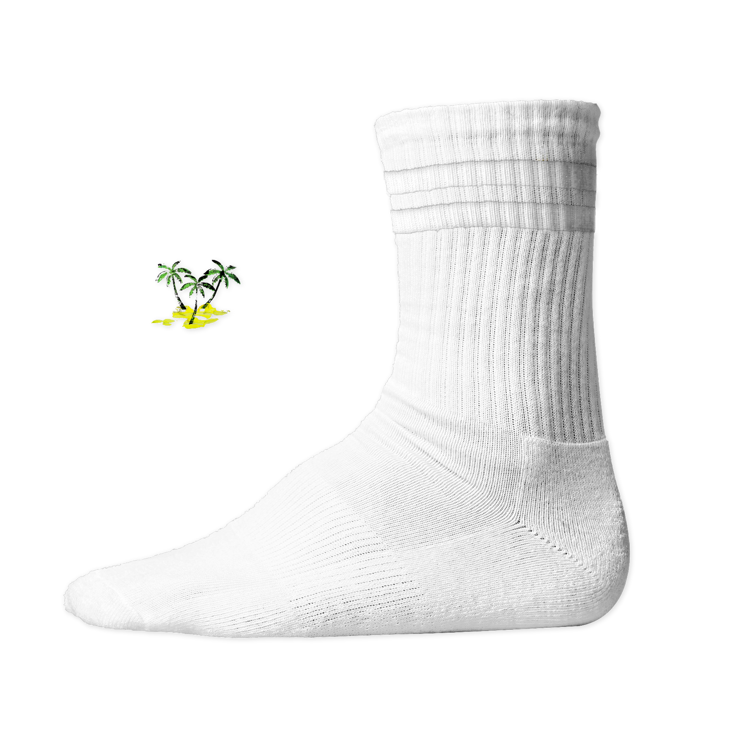 Weiße, gerippte Tennis Socke mit einem sommerlichen Palmen- und Strand-Druckmotiv auf der Schaftseite. White