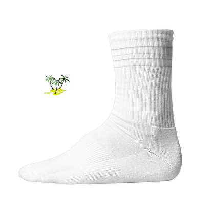 Weiße, gerippte Tennis Socke mit einem sommerlichen Palmen- und Strand-Druckmotiv auf der Schaftseite. White