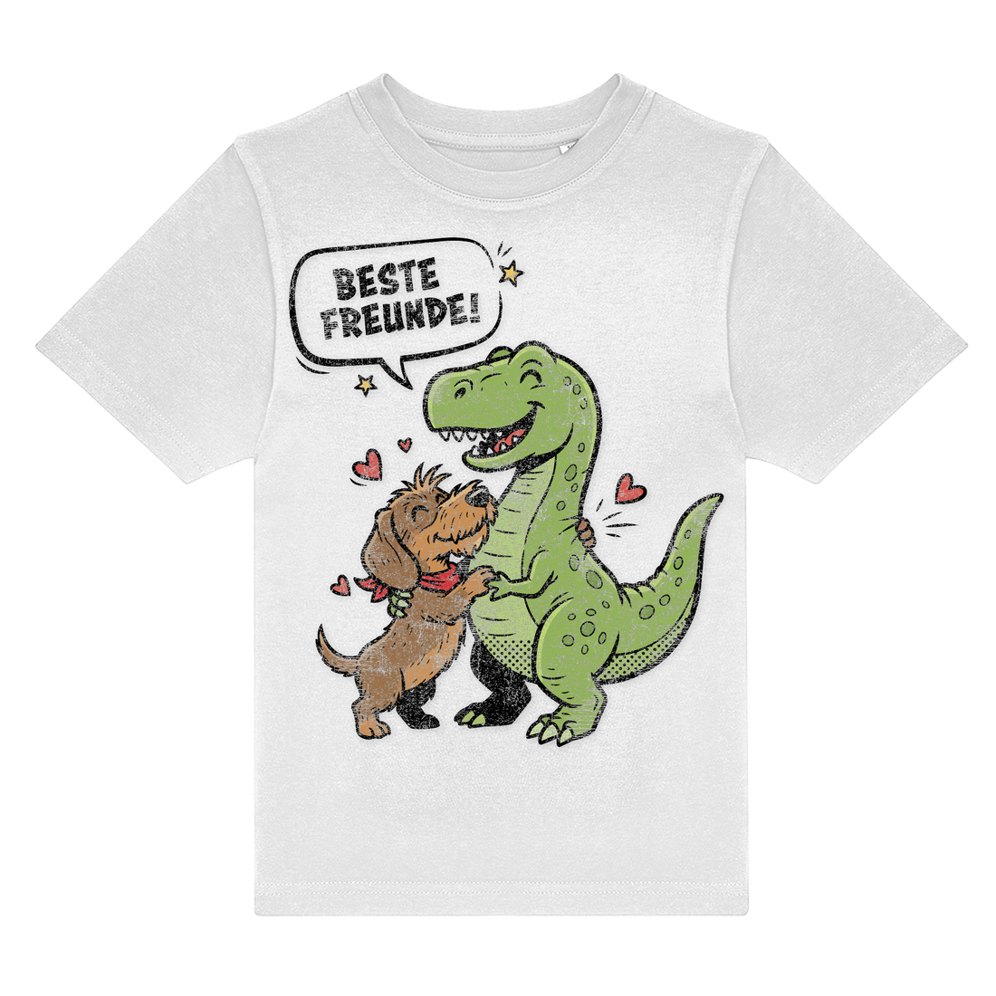 Dackel und Dinosaurier umarmen mit Herzchen, Spruch Beste Freunde, nachhaltig – einzigartigbunt