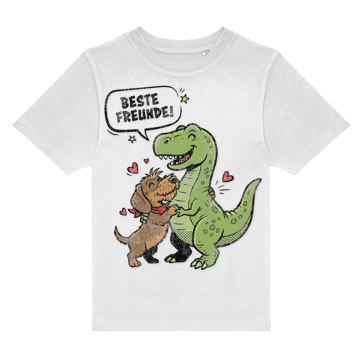 Dackel und Dinosaurier umarmen mit Herzchen, Spruch Beste Freunde, nachhaltig – einzigartigbunt