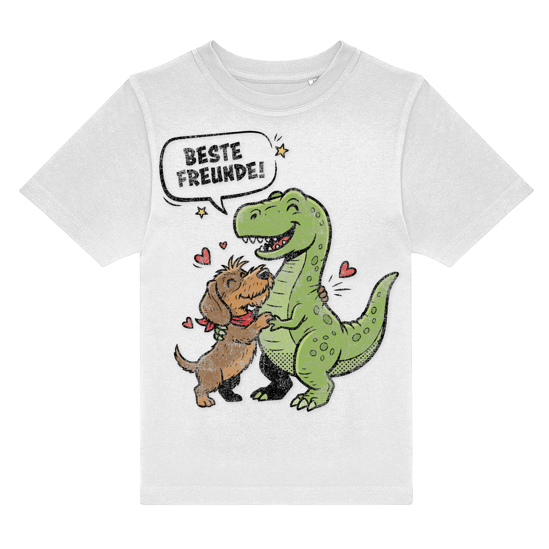 Dackel und Dinosaurier umarmen mit Herzchen, Spruch Beste Freunde, nachhaltig – einzigartigbunt
