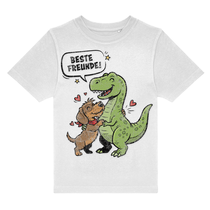 Dackel und Dinosaurier umarmen mit Herzchen, Spruch Beste Freunde, nachhaltig – einzigartigbunt
