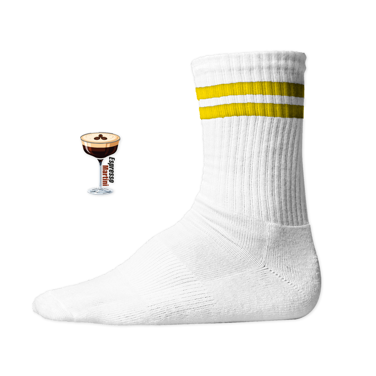 Weiße Tennis Socke mit einem gestickten Espresso Martini Glas und Text auf der Schaftseite. Yellow Stripes