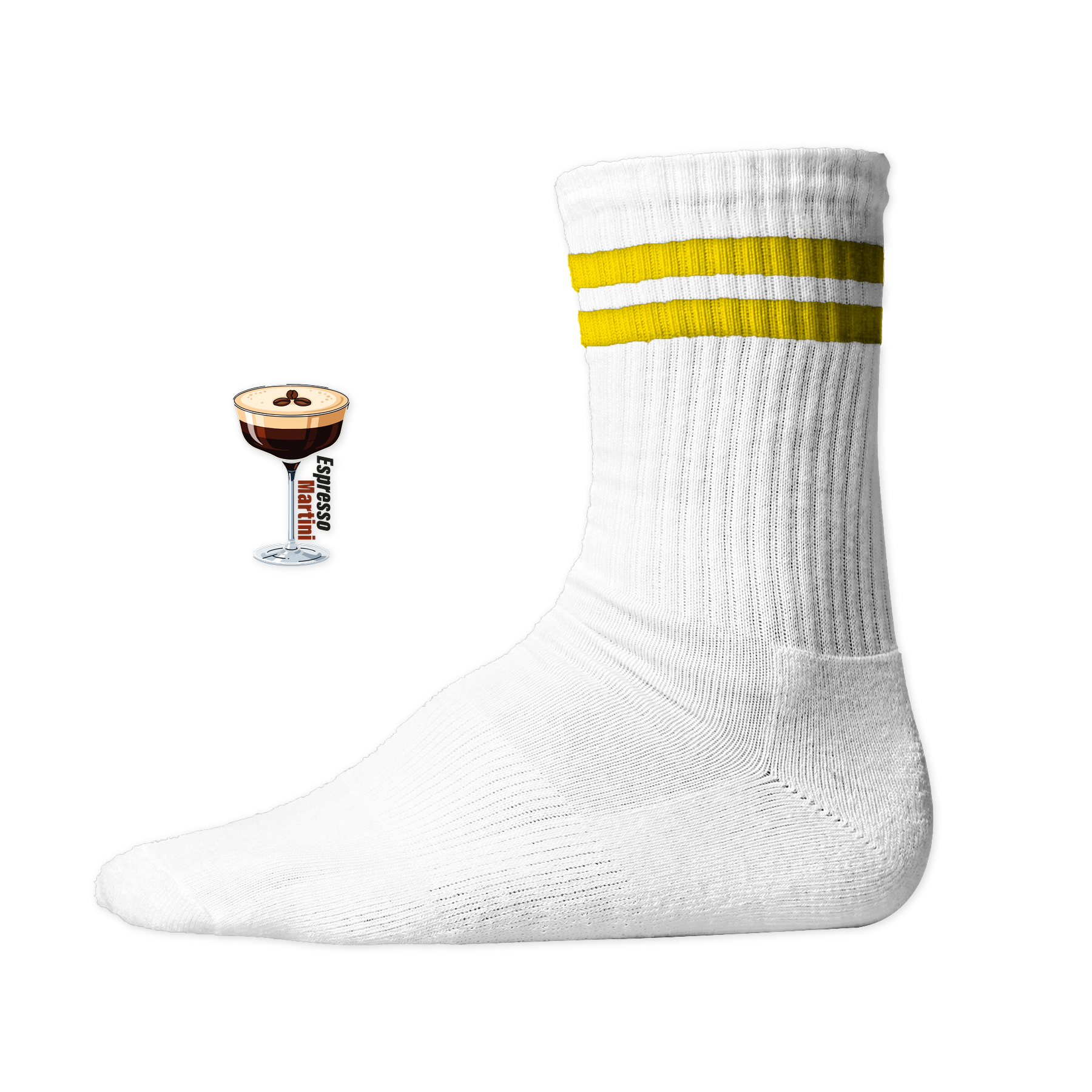 Weiße Tennis Socke mit einem gestickten Espresso Martini Glas und Text auf der Schaftseite. Yellow Stripes
