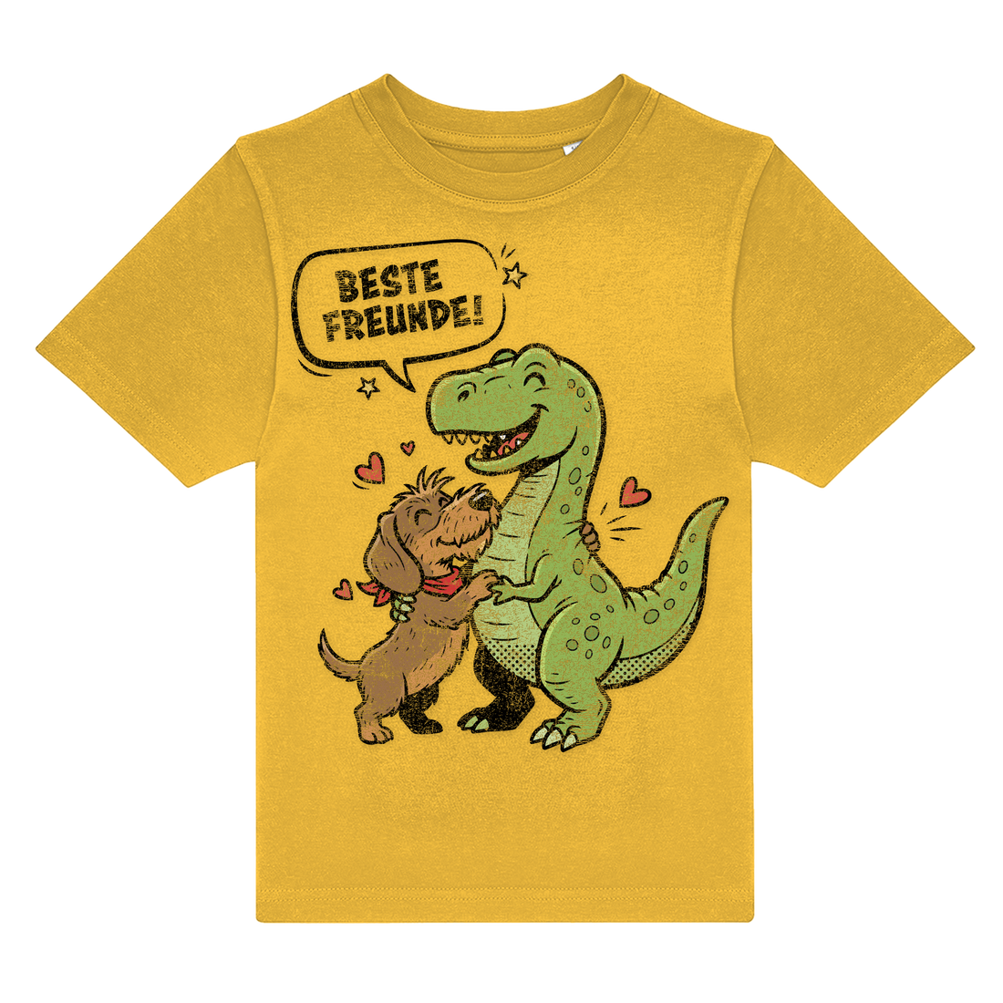 Gelbes Kinder-T-Shirt mit Dackel und Dino Motiv, „Beste Freunde!“ Spruch, nachhaltig – einzigartigbunt