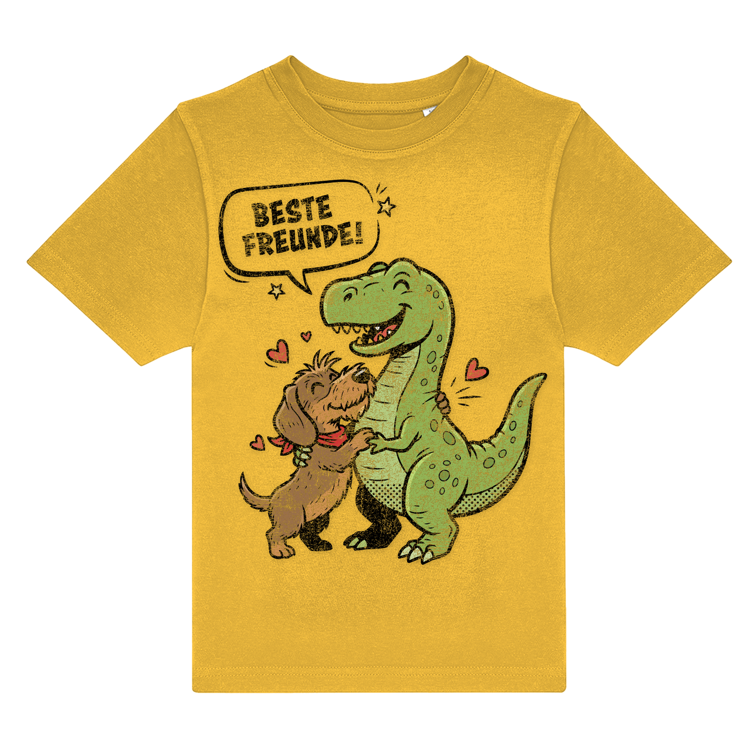 Gelbes Kinder-T-Shirt mit Dackel und Dino Motiv, „Beste Freunde!“ Spruch, nachhaltig – einzigartigbunt