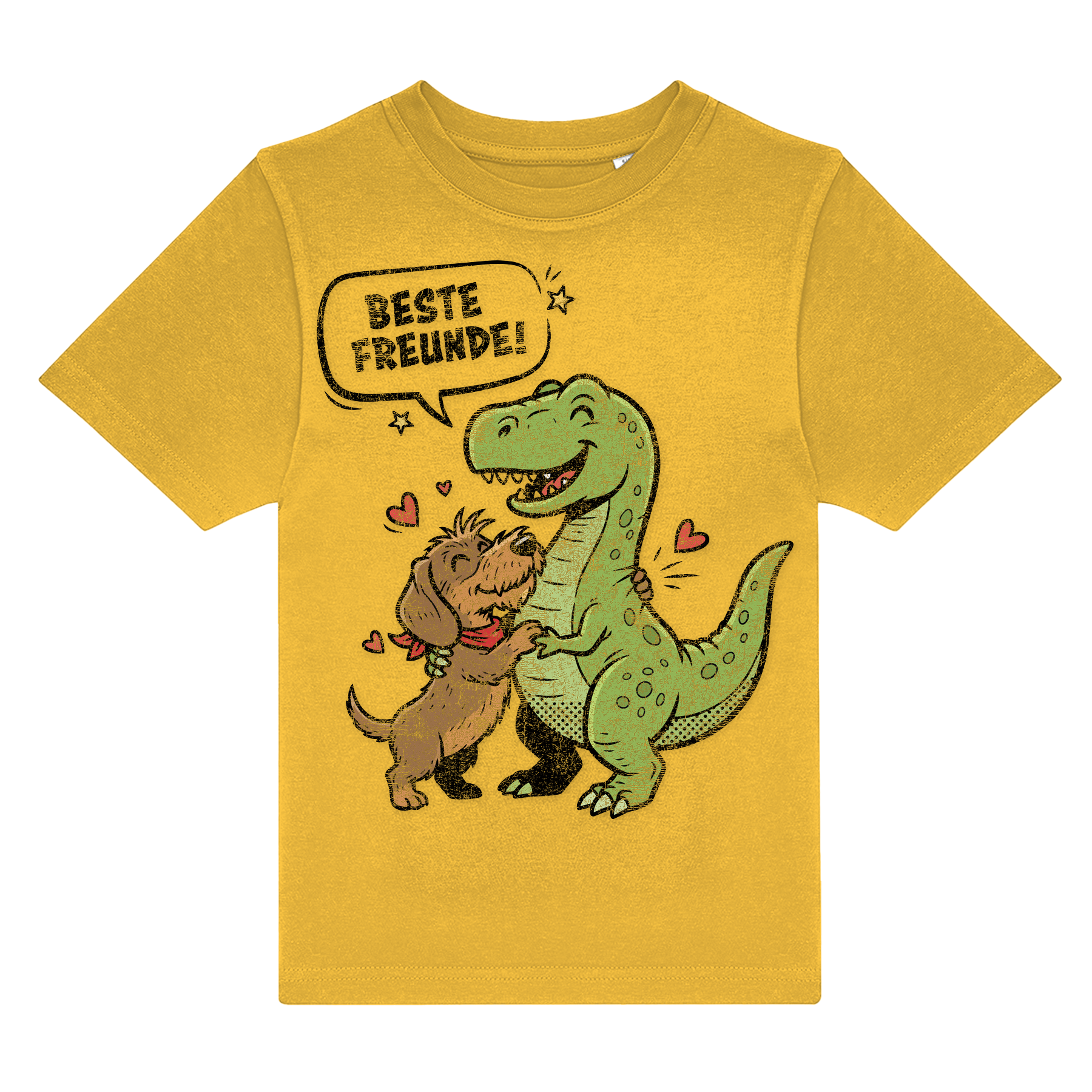 Gelbes Kinder-T-Shirt mit Dackel und Dino Motiv, „Beste Freunde!“ Spruch, nachhaltig – einzigartigbunt
