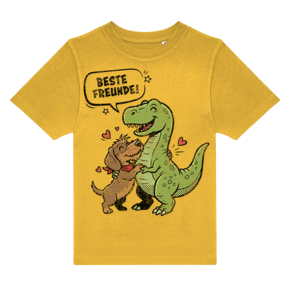 Gelbes Kinder-T-Shirt mit Dackel und Dino Motiv, „Beste Freunde!“ Spruch, nachhaltig – einzigartigbunt