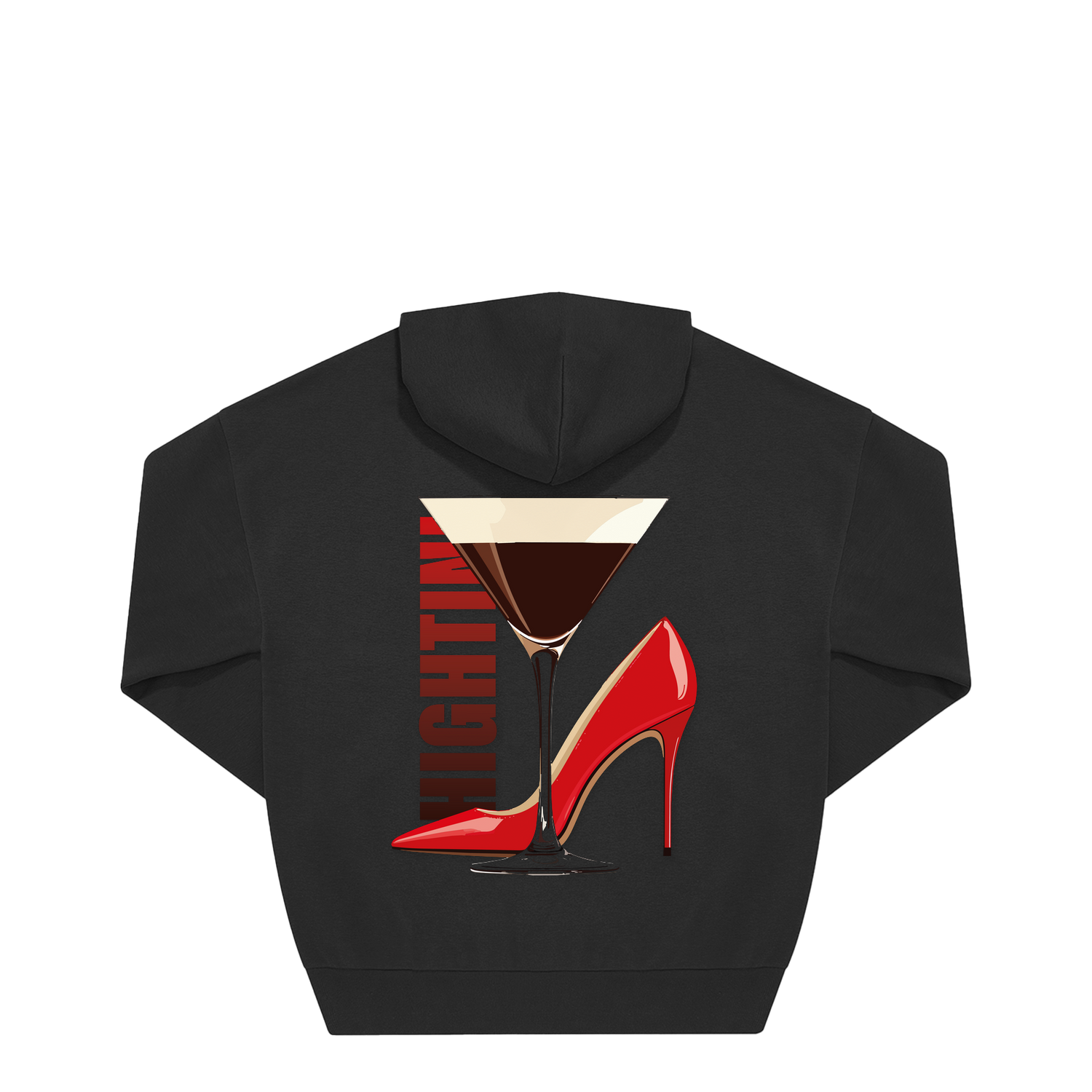 Schwarzer Hoodie mit roter High Heel und Martini-Glas Motiv, nachhaltig – einzigartigbunt