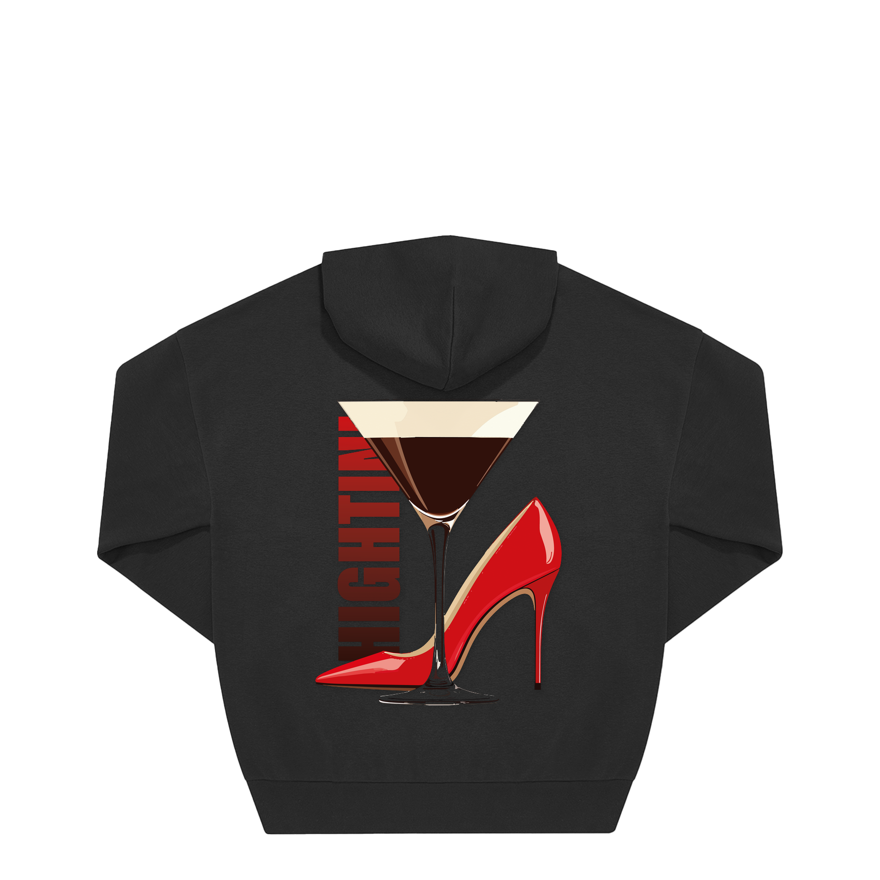 Schwarzer Hoodie mit roter High Heel und Martini-Glas Motiv, nachhaltig – einzigartigbunt