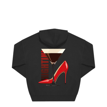 Schwarzer Hoodie mit roter High Heel und Martini-Glas Motiv, nachhaltig – einzigartigbunt