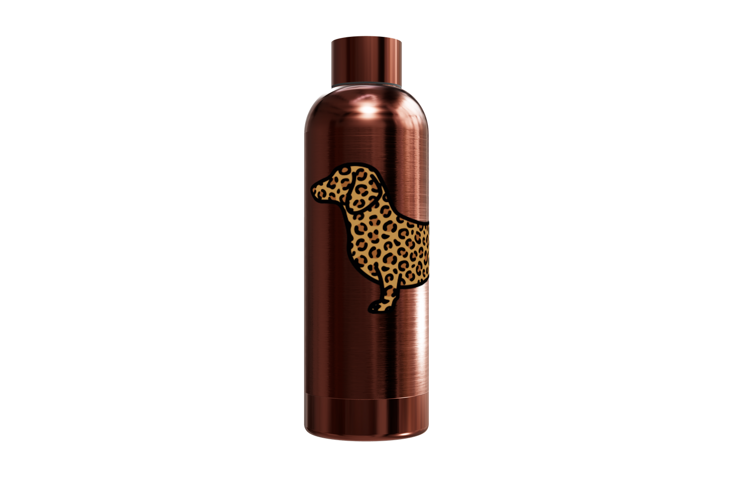 Roséfarbene Thermosflasche aus Edelstahl (550ml) bedruckt mit einem Dackel im Leo-Look. Hält Getränke heiß und kalt, von einzigartigbunt.