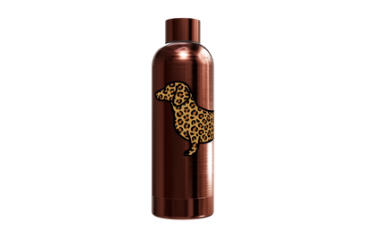 Roséfarbene Thermosflasche aus Edelstahl (550ml) bedruckt mit einem Dackel im Leo-Look. Hält Getränke heiß und kalt, von einzigartigbunt.
