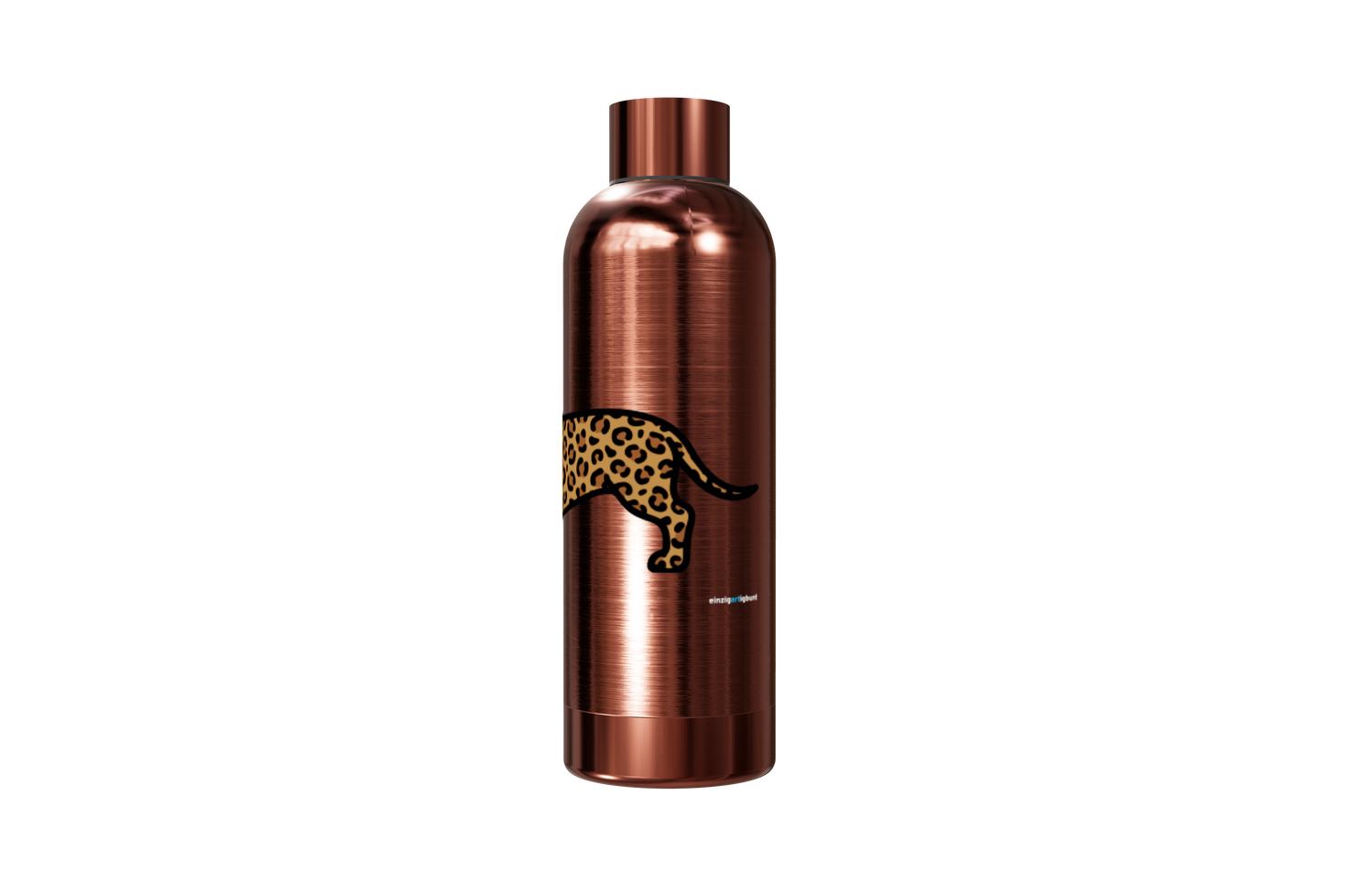 Roséfarbene Thermosflasche aus Edelstahl (550ml) bedruckt mit einem Dackel im Leo-Look hinten. Hält Getränke heiß und kalt, von einzigartigbunt.