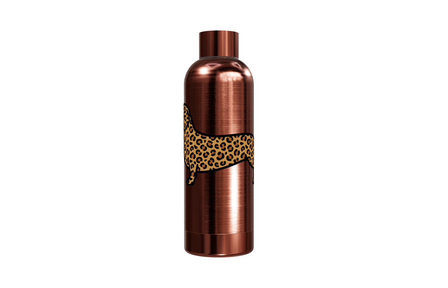 Roséfarbene Thermosflasche aus Edelstahl (550ml) bedruckt mit einem Dackel im Leo-Look mitte. Hält Getränke heiß und kalt, von einzigartigbunt.