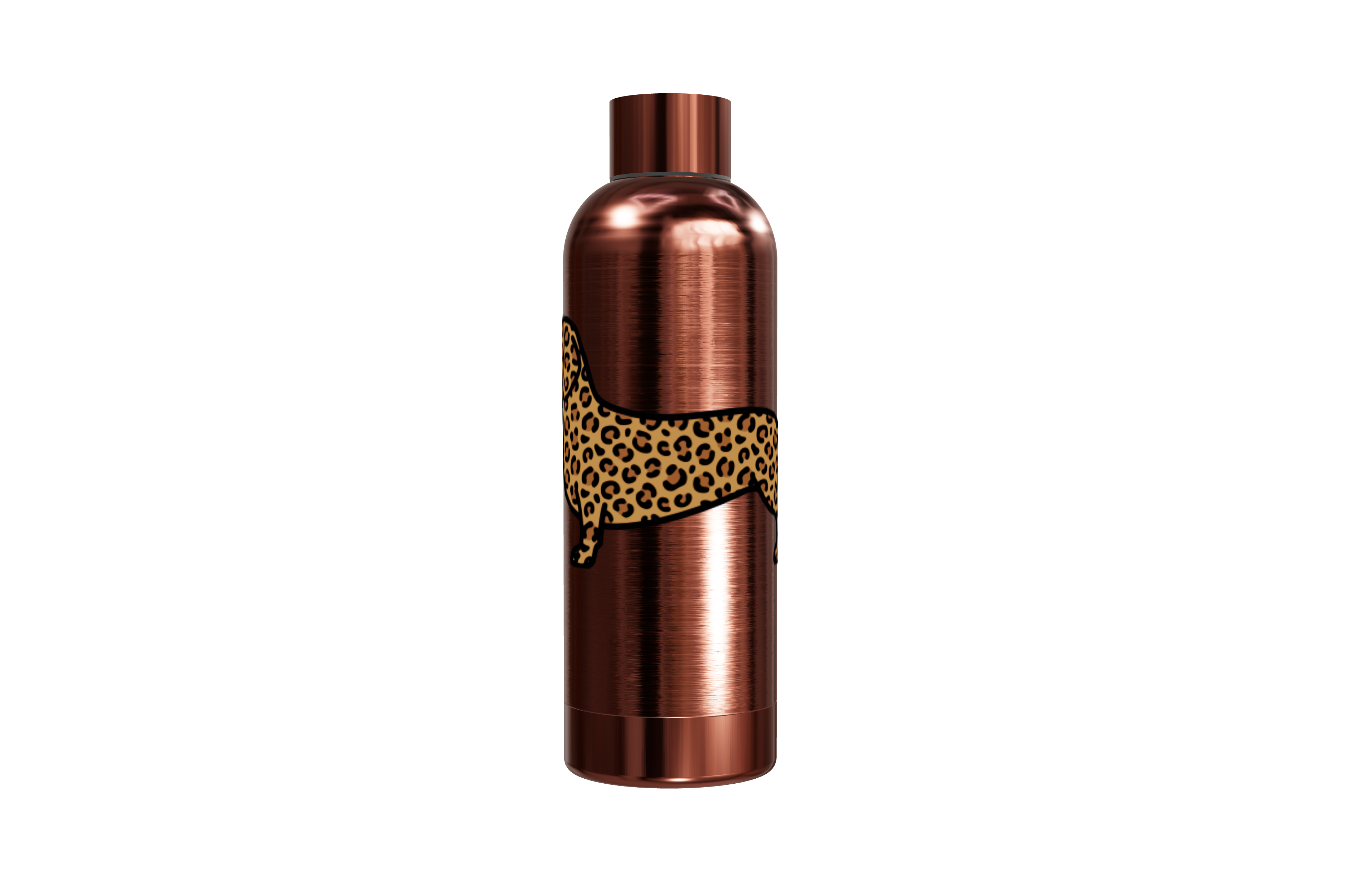 Roséfarbene Thermosflasche aus Edelstahl (550ml) bedruckt mit einem Dackel im Leo-Look mitte. Hält Getränke heiß und kalt, von einzigartigbunt.