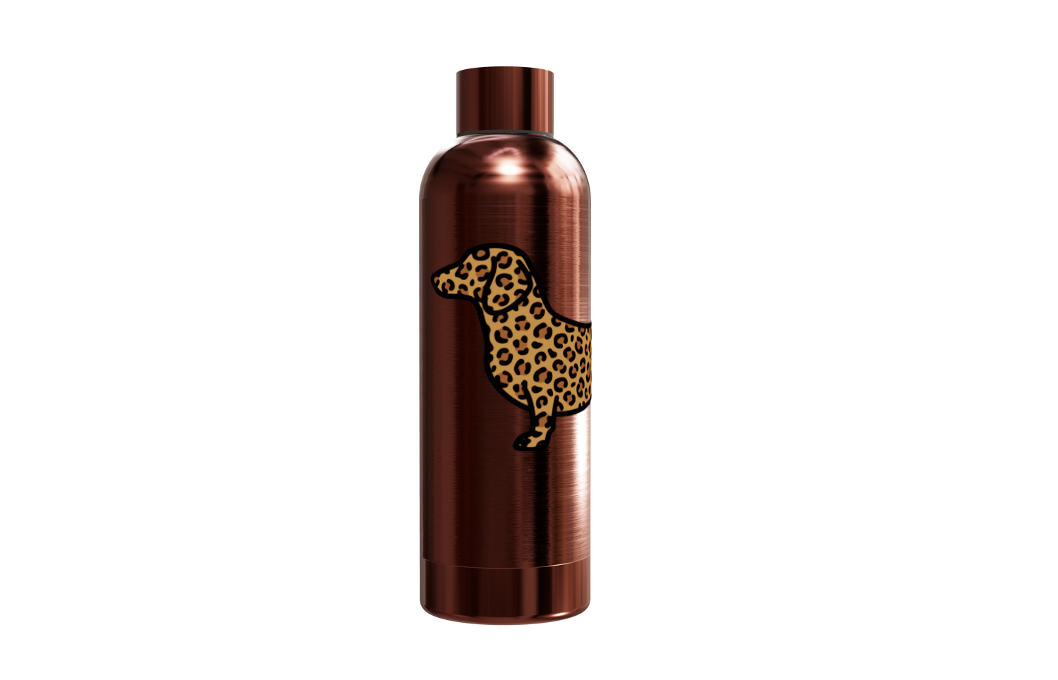 Roséfarbene Thermosflasche aus Edelstahl (550ml) bedruckt mit einem Dackel im Leo-Look vorne. Hält Getränke heiß und kalt, von einzigartigbunt.