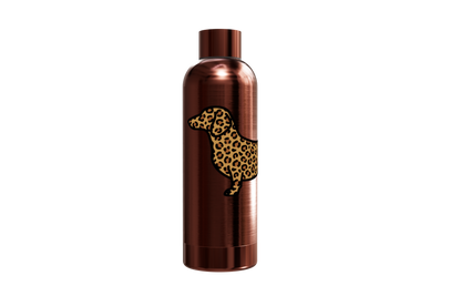 Roséfarbene Thermosflasche aus Edelstahl (550ml) bedruckt mit einem Dackel im Leo-Look vorne. Hält Getränke heiß und kalt, von einzigartigbunt.