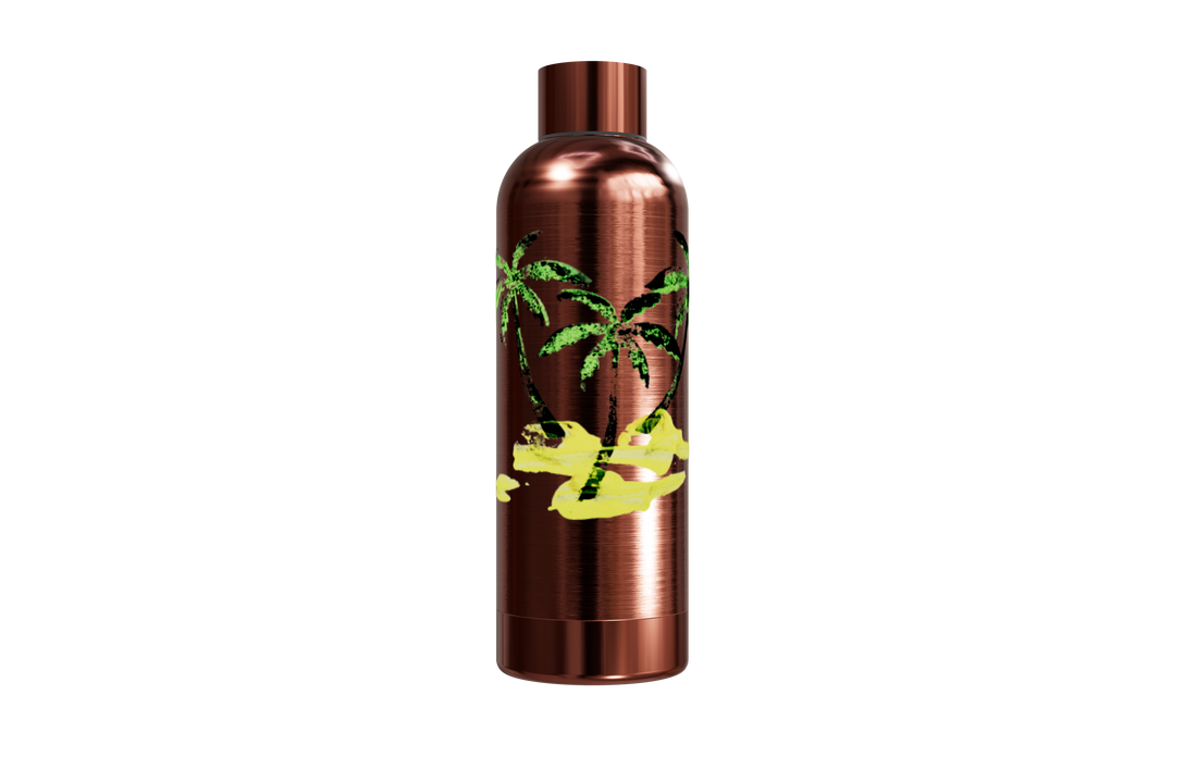 Roséfarbene Thermosflasche aus Edelstahl (550ml) mit Palmen- und Sand-Motiv. Doppelwandig und kupferisoliert.