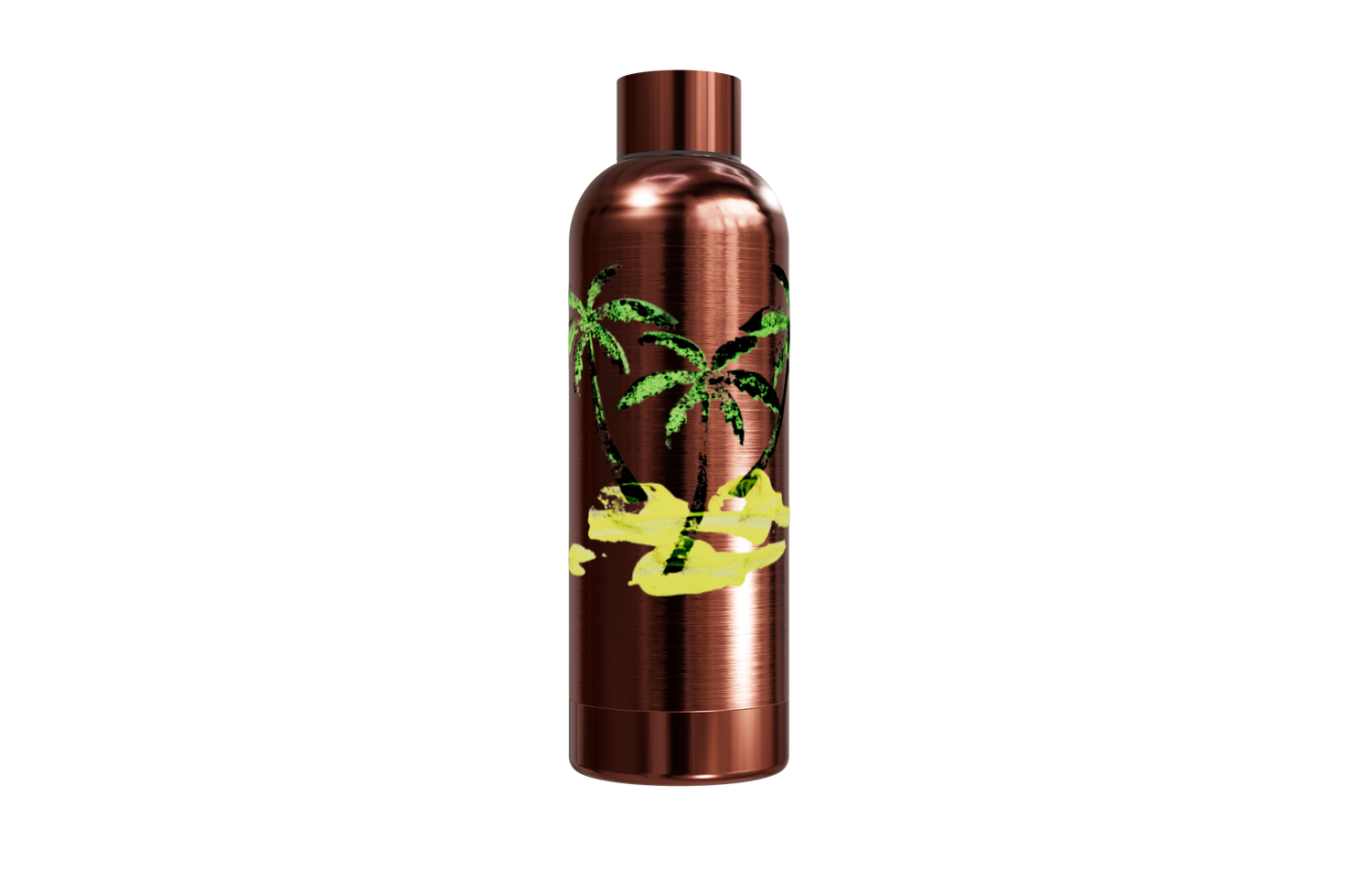 Roséfarbene Thermosflasche aus Edelstahl (550ml) mit Palmen- und Sand-Motiv. Doppelwandig und kupferisoliert.